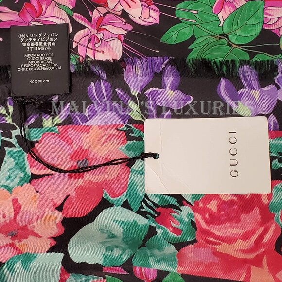 GUCCI SCARF LENIS FLORAL BLACK MULTICOLOR PRINT w LOGO TWILL SILK SQUARE 35" - Picture 13 of 13